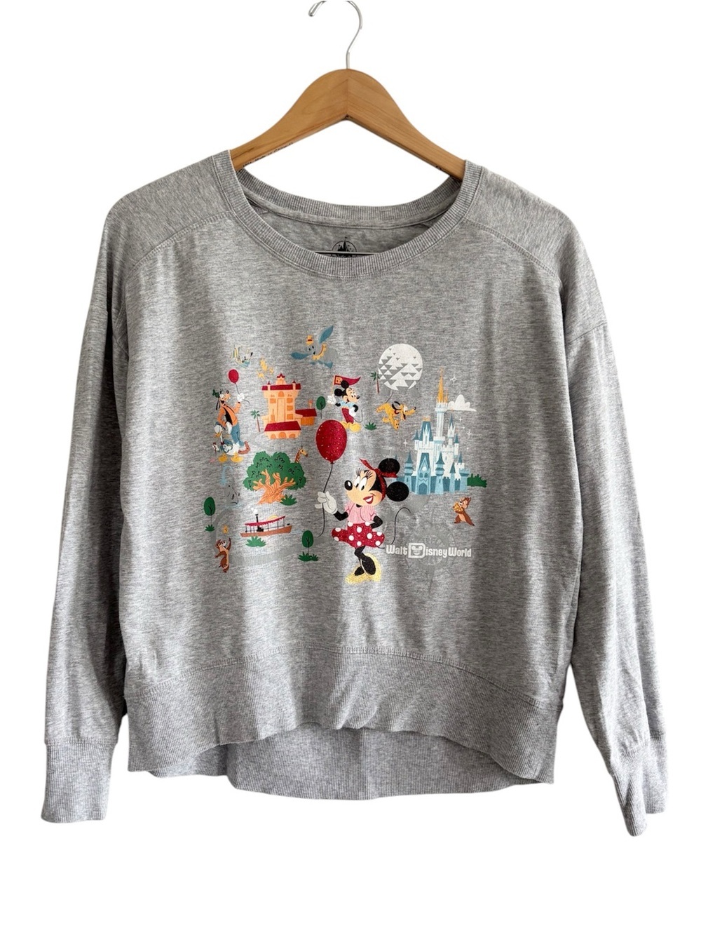 Walt Disney World Park Life Minnie Mouse Gray Crewneck Graphic Sweatshirt